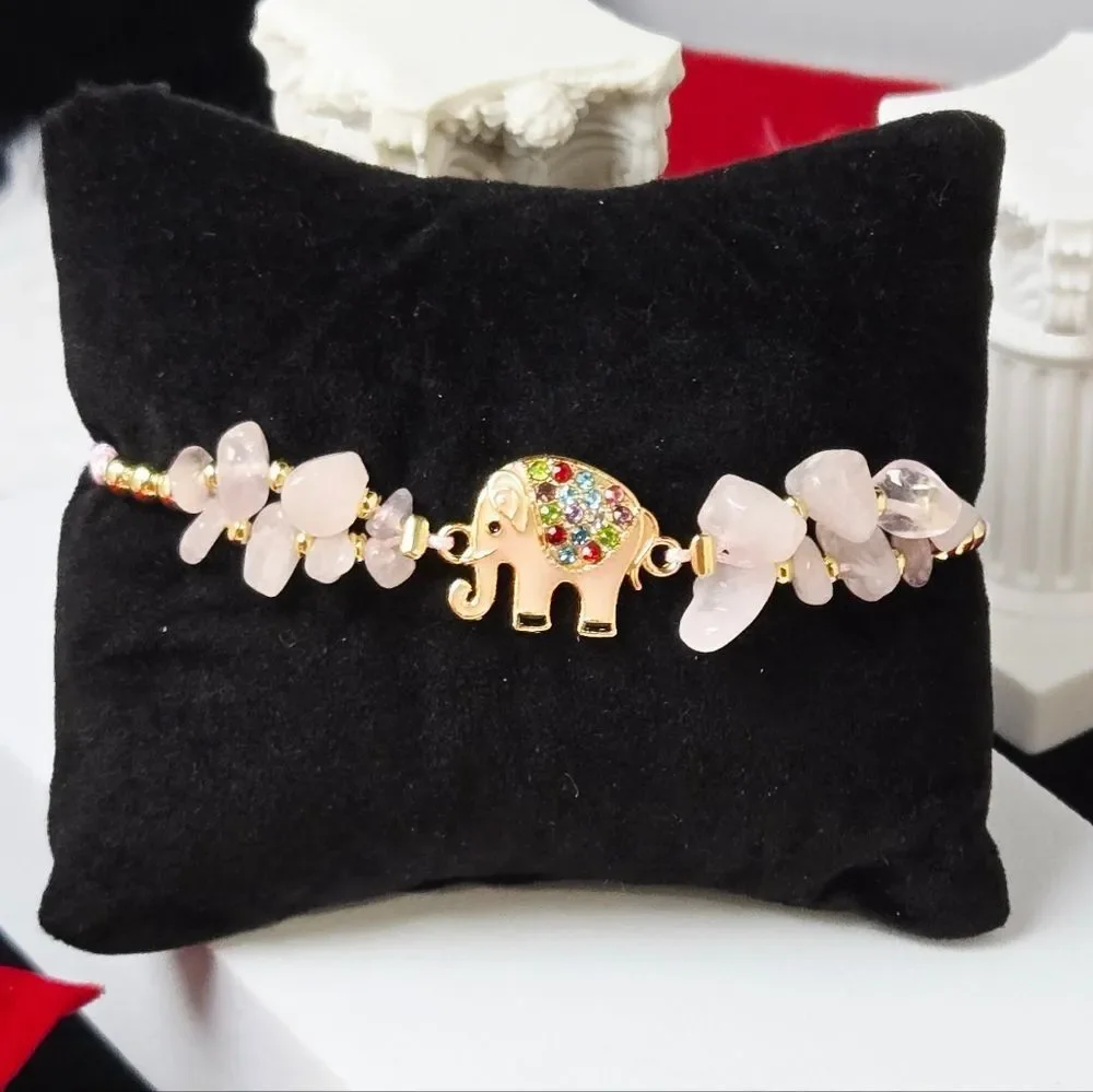 Rose Quartz Crystal Beaded Elephant Bracelet Adjustable String Gold Enamel Charm